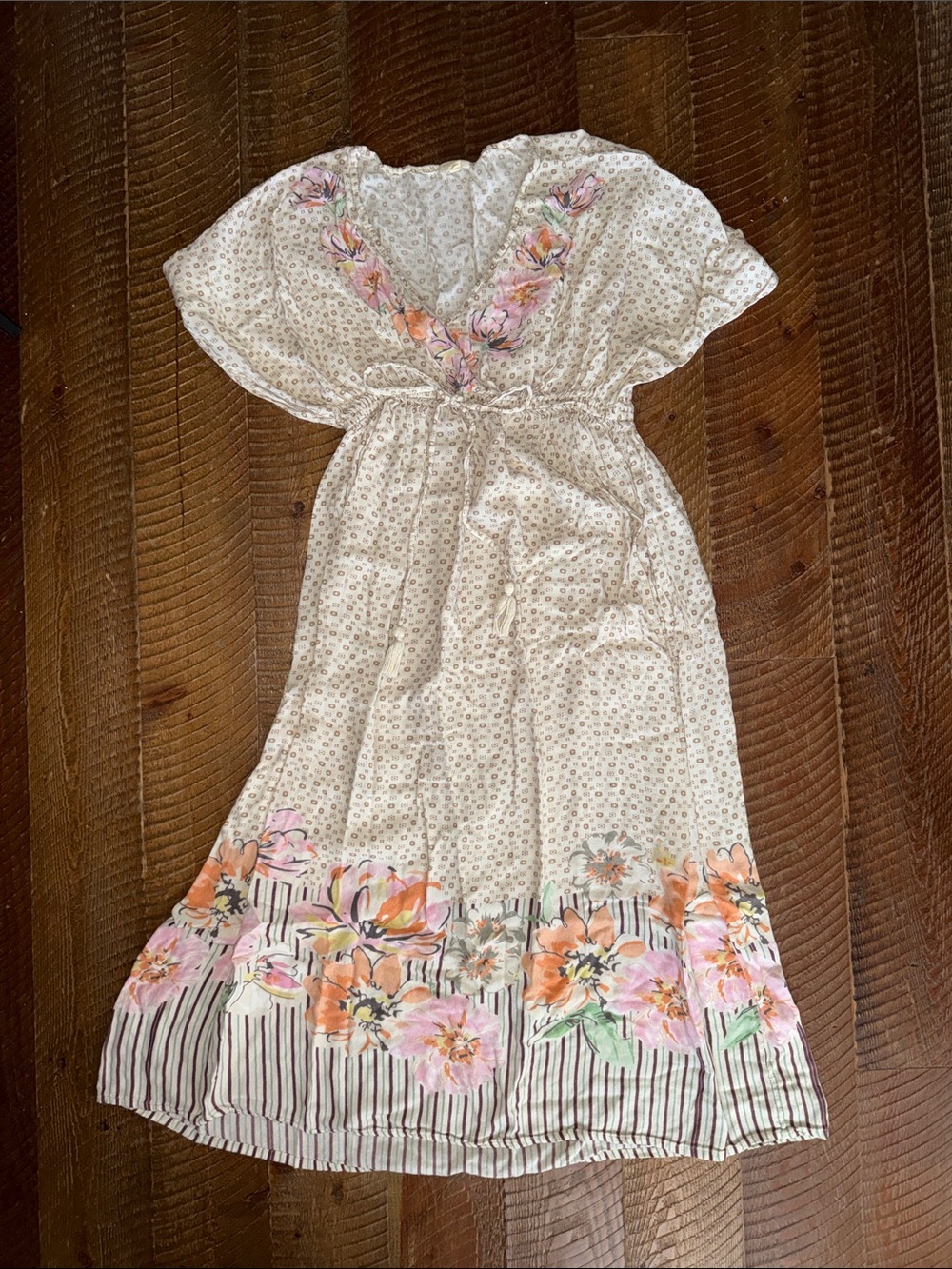 Cost Plus World Market Cream Maxi Dress with Pink & Orange Floral Trim - Picture 1 of 3